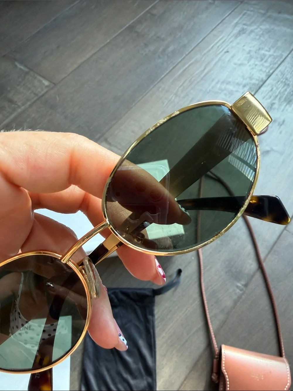 Celine Gold Sunglasses with Brown Leather Crossbody Pouch